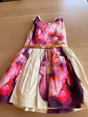 Zoe Ltd Pink Floral & Cream Girls' Party Dress with Gold Waistband